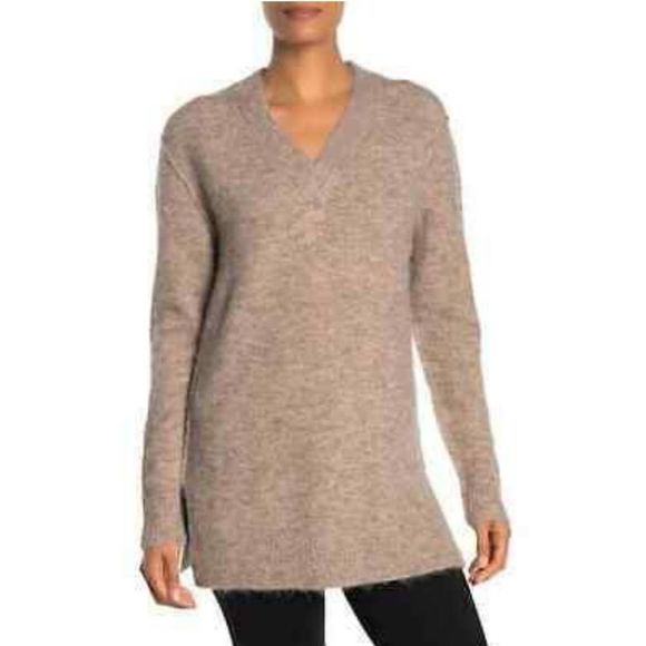 M Magaschoni V Neck Fringe Knit Sweater Medium Heather Taupe Wool Blend - Picture 1 of 9